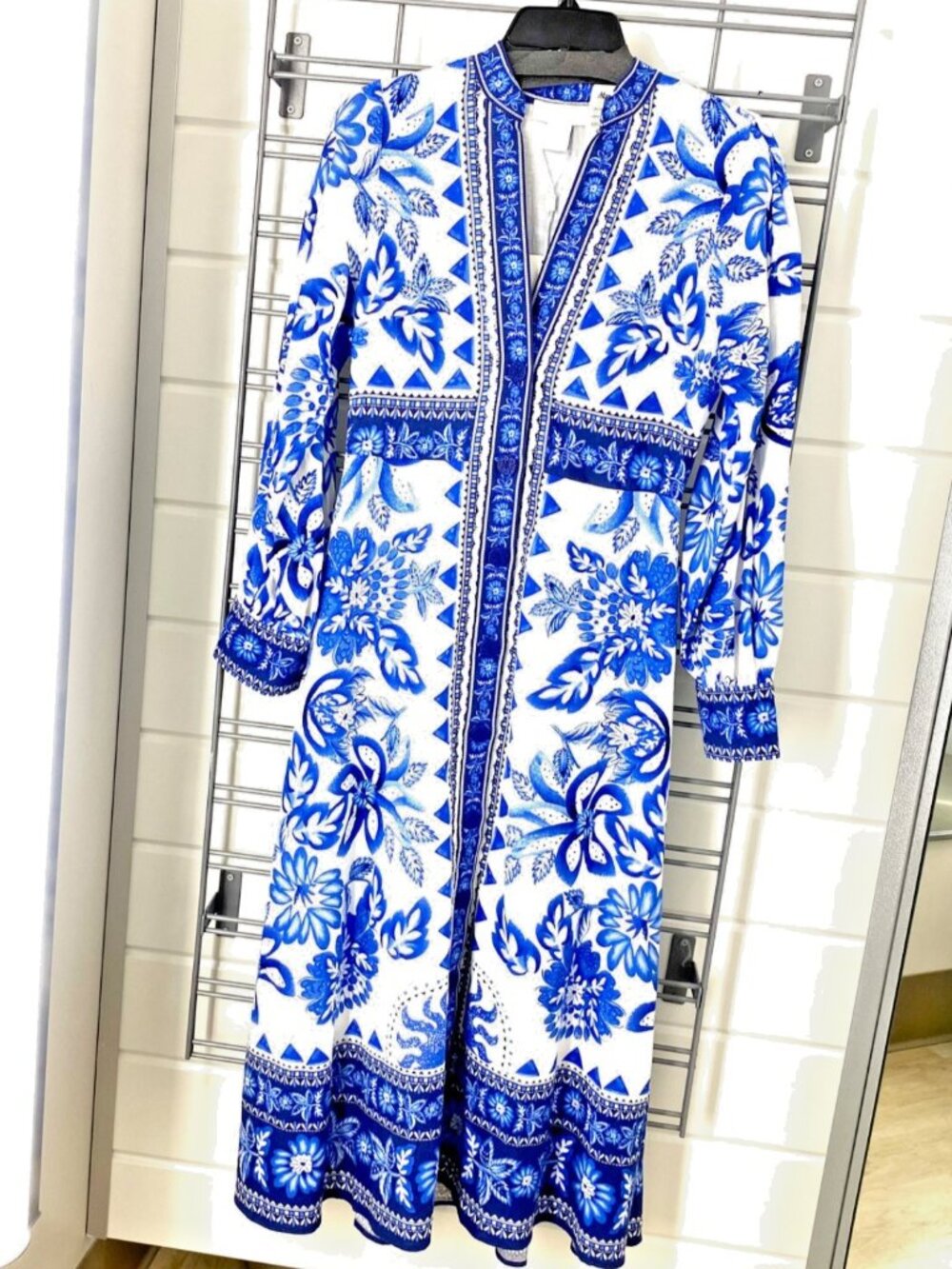 Caroline Constas Garden Tiles White/Blue print linen Dress